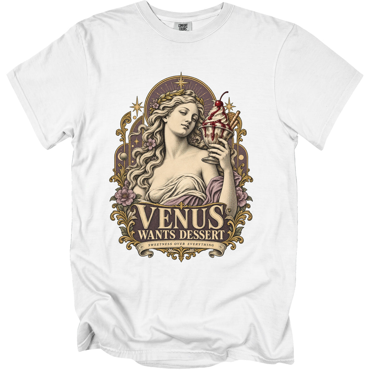 White t-shirt with illustration of Venus holding a sundae with text "Venus Wants Dessert".