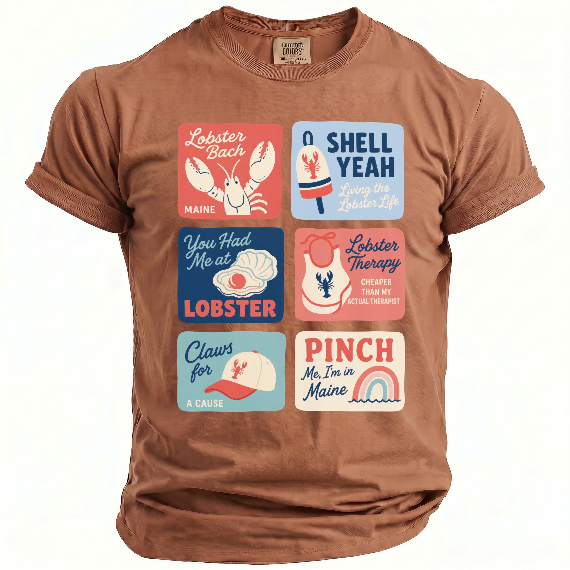 Brown t-shirt with six squares featuring lobster-themed graphics and text.