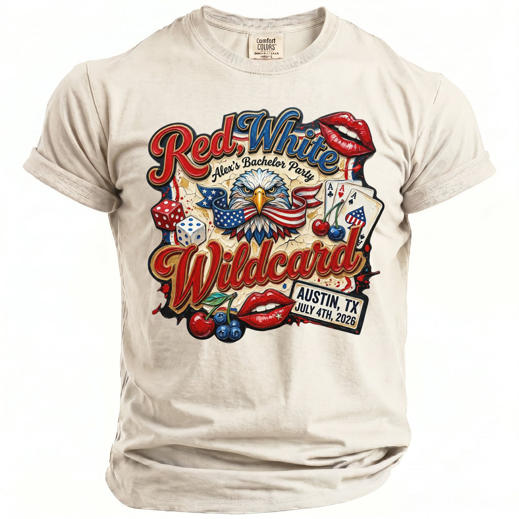 Red White Wildcard t-shirt with eagle, dice, and playing cards.