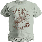 Bach Rodeo Party graphic on light green t-shirt with text and bull skull.
