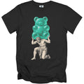 A black crewneck t-shirt featuring a classical sketch of Atlas lifting a giant teal gummy bear.