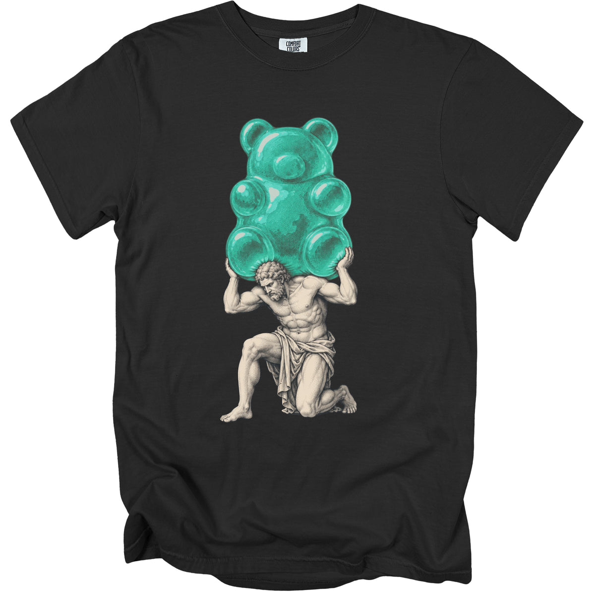 A black crewneck t-shirt featuring a classical sketch of Atlas lifting a giant teal gummy bear.