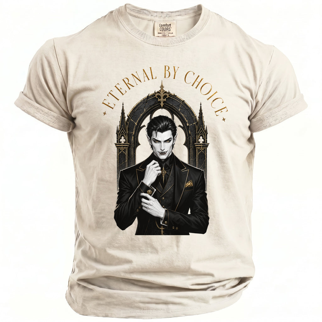 T-shirt with a vampire illustration and text "Eternal by Choice".