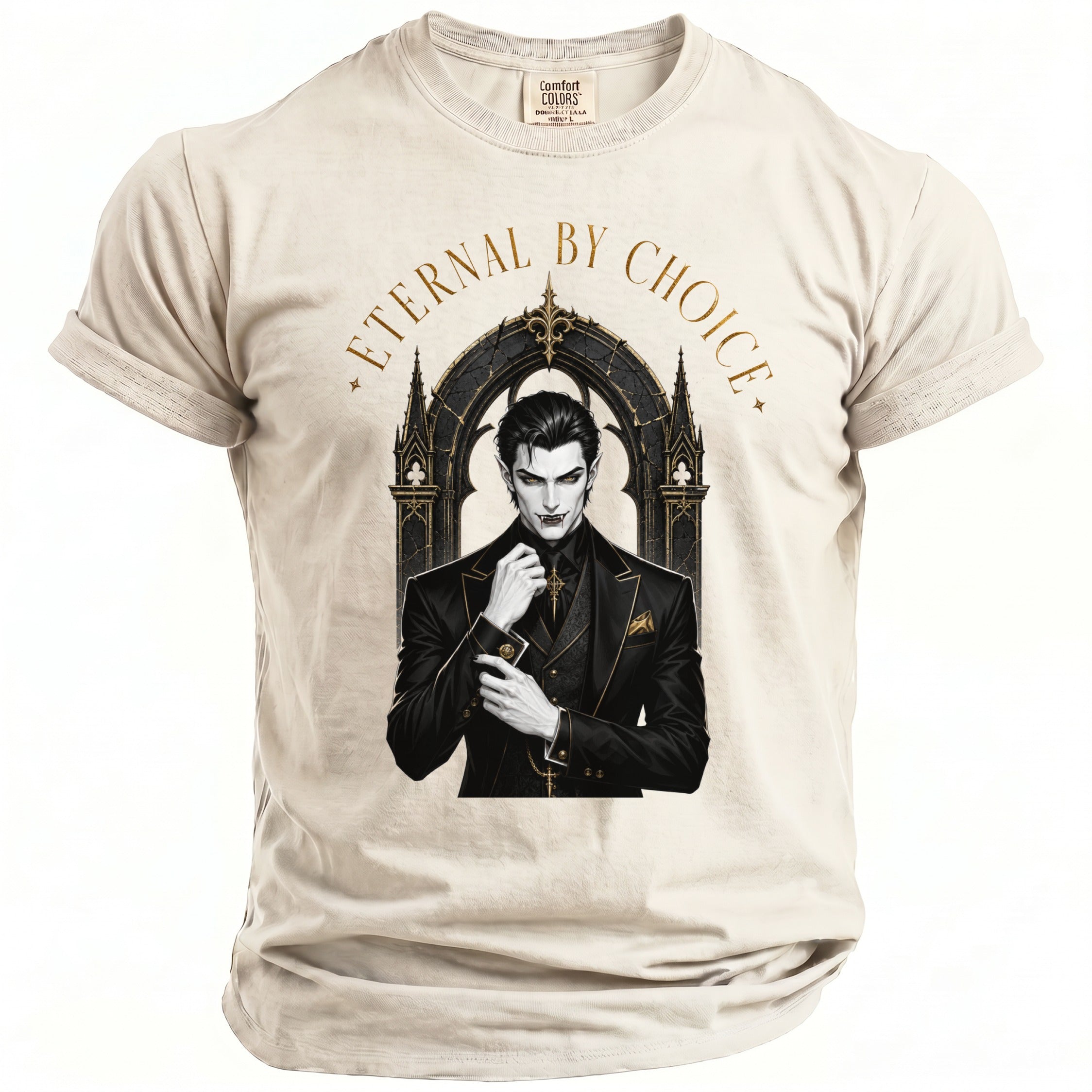 T-shirt with a vampire illustration and text "Eternal by Choice".