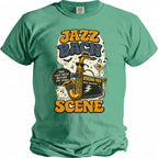 Green t-shirt with "Jazz Bach Scene" graphic featuring saxophone and New Orleans.
