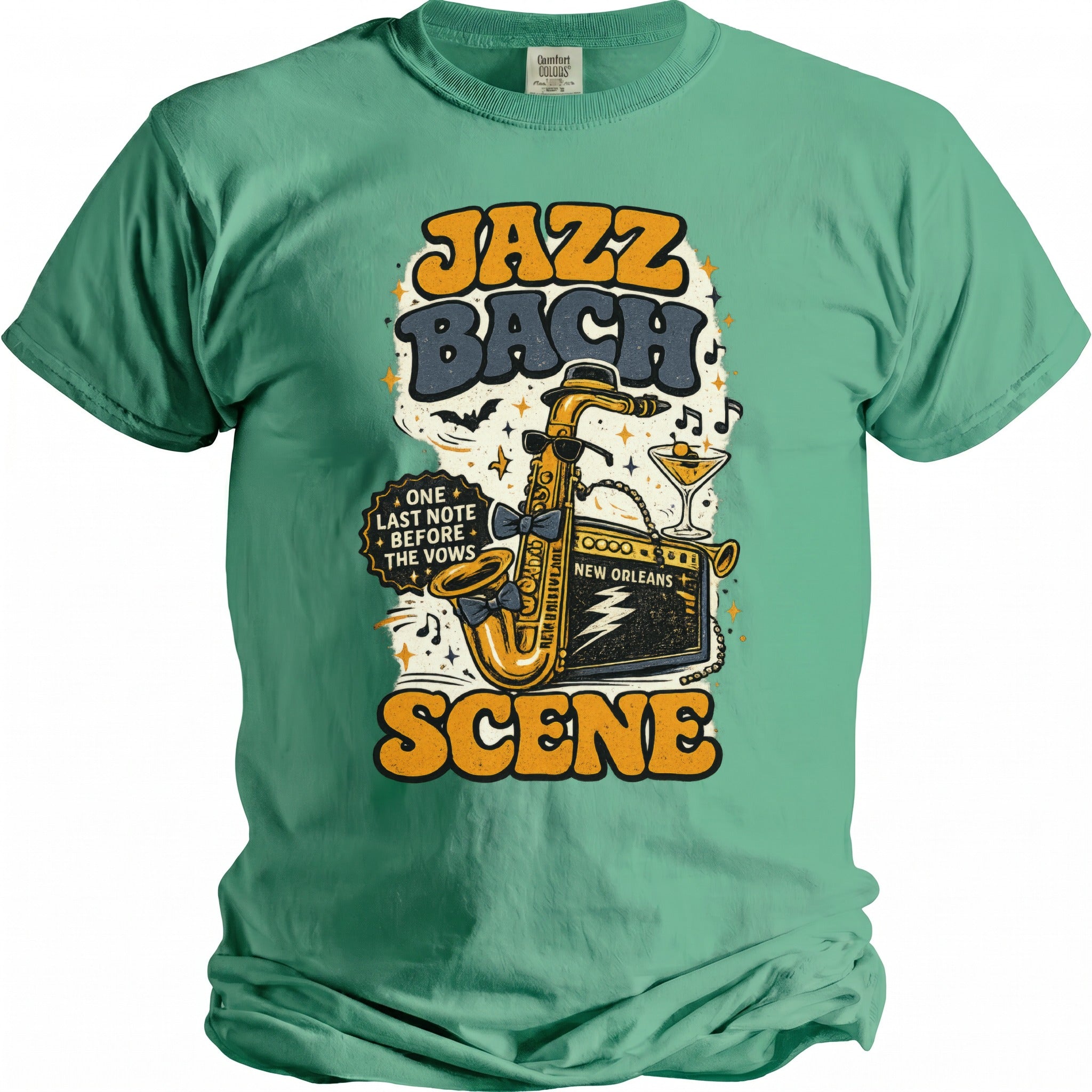Green t-shirt with "Jazz Bach Scene" graphic featuring saxophone and New Orleans.