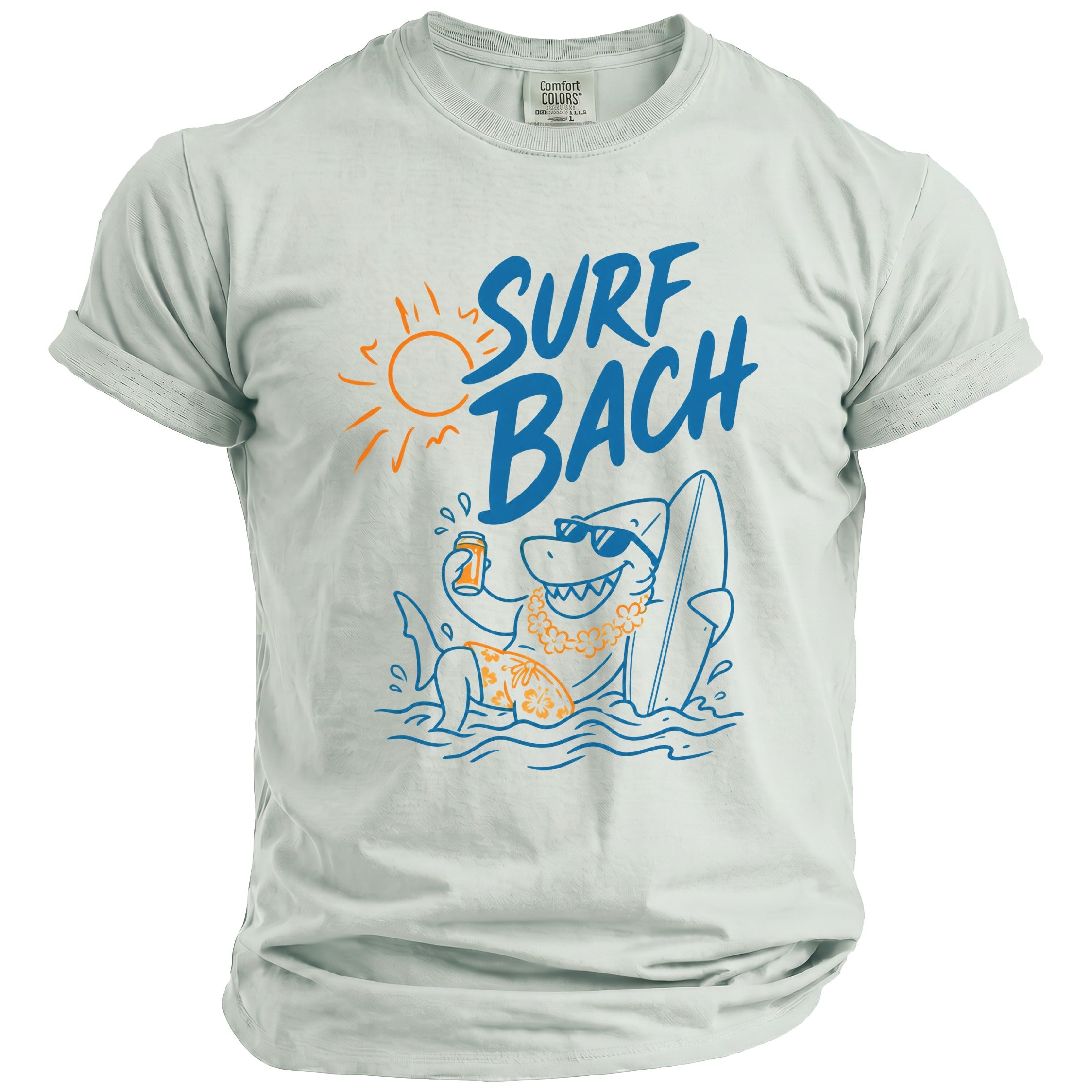 T-shirt with blue "SURF BACH" text and a cartoon shark with a beer.