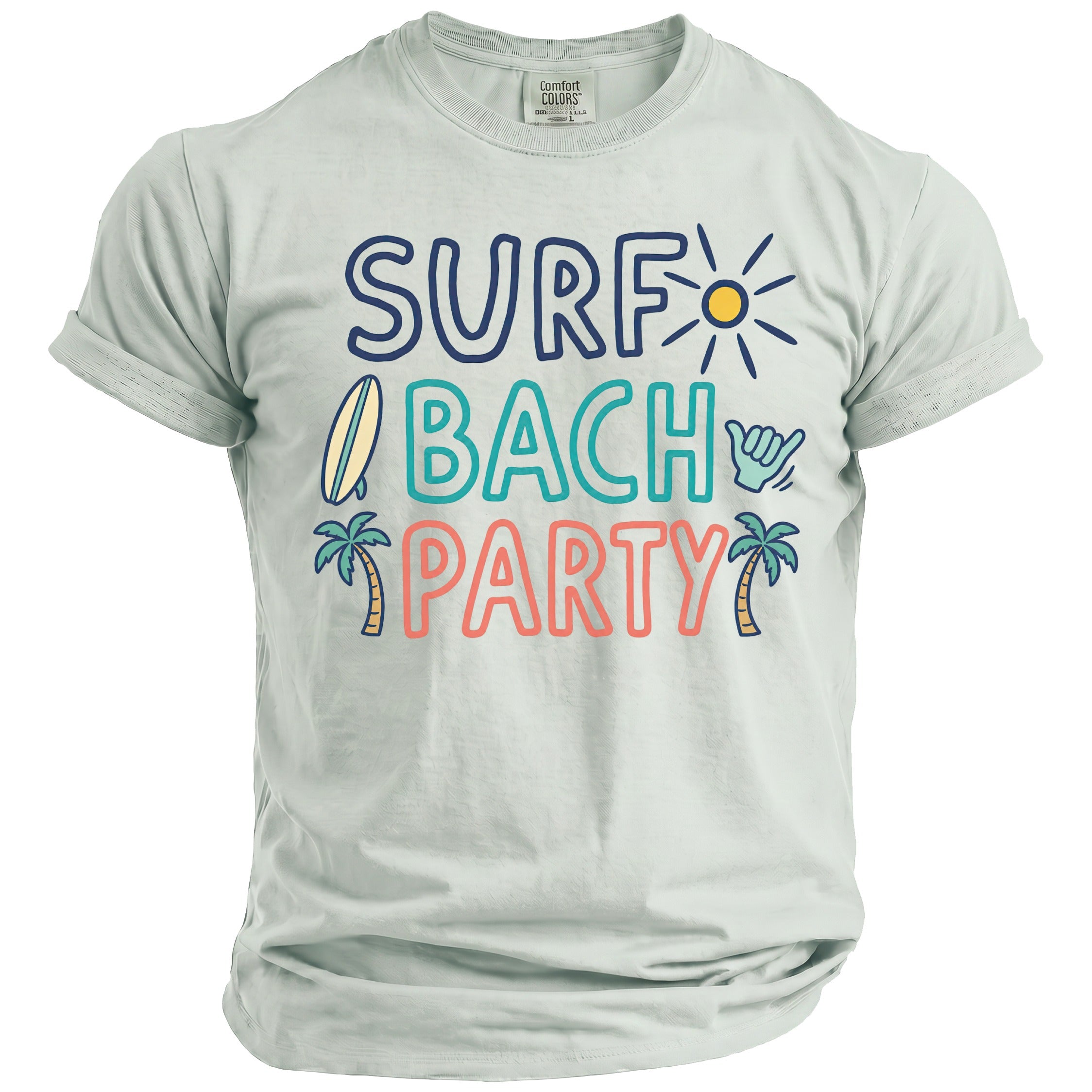Light blue t-shirt with "SURF BACH PARTY" text, surfboard, sun, hang loose, and palm trees.