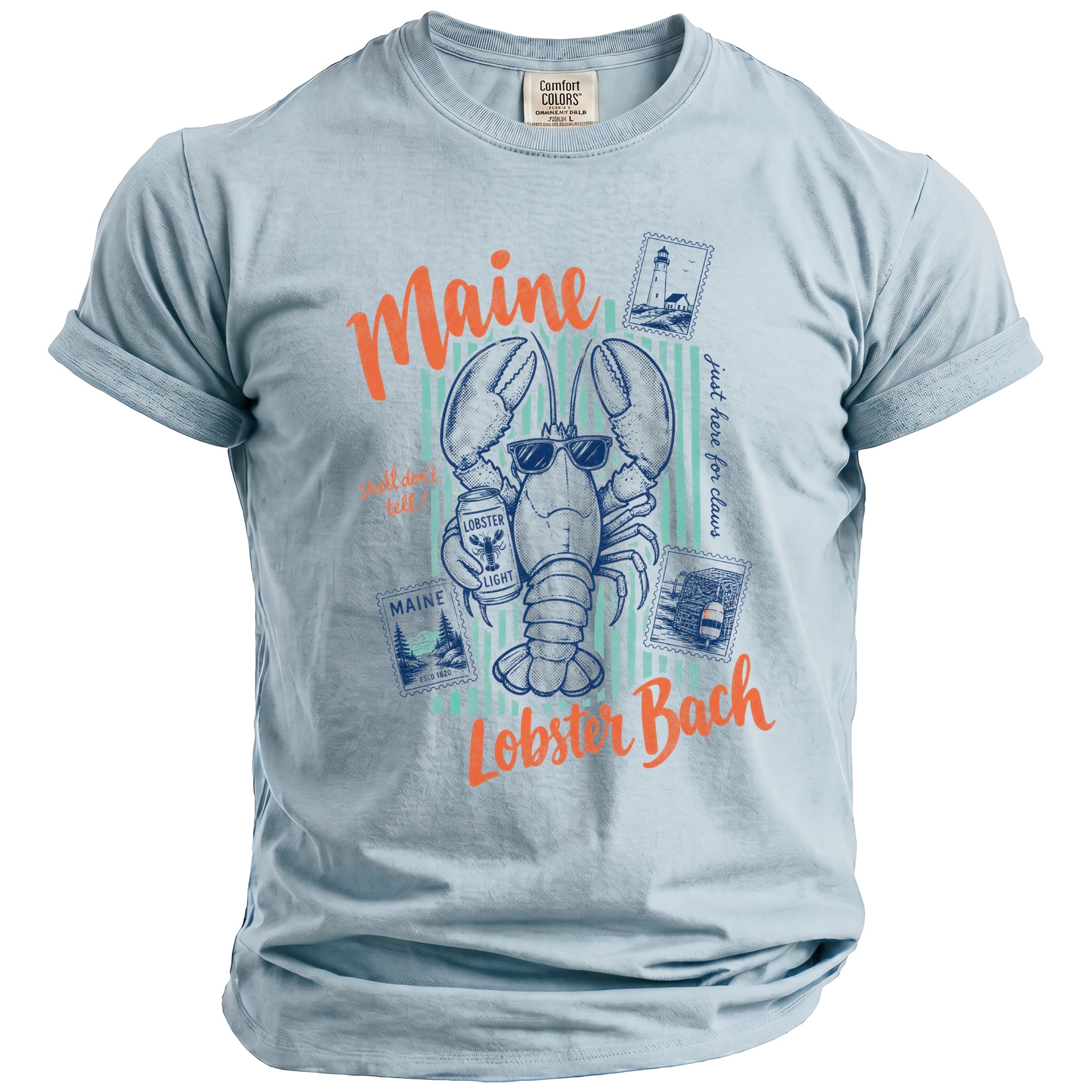 Light blue t-shirt with graphic of lobster wearing sunglasses and holding "Lobster Light" beer.