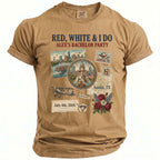 Tan t-shirt with "Red, White & I Do Alex's Bachelor Party" and July 4th, 2026.