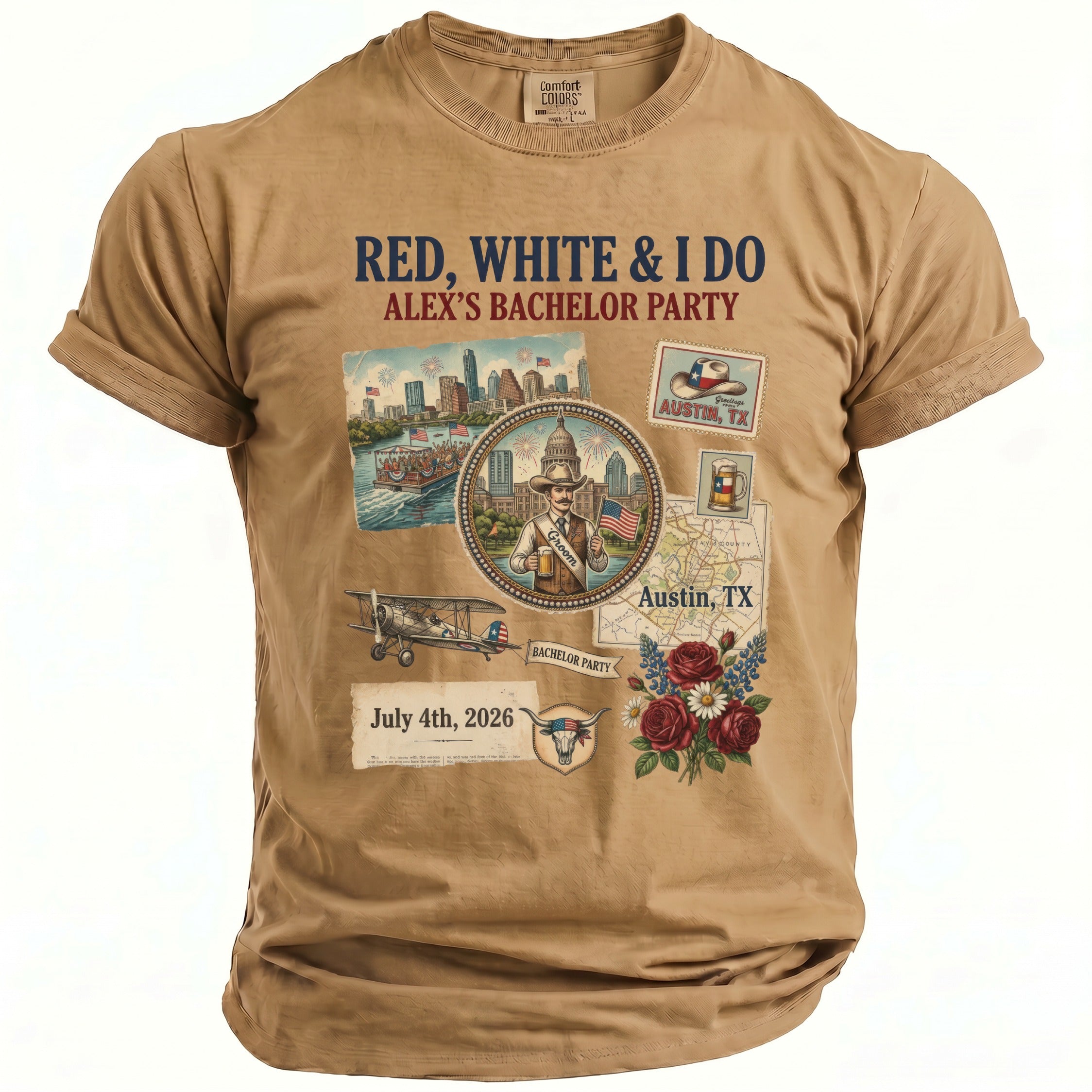 Tan t-shirt with "Red, White & I Do Alex's Bachelor Party" and July 4th, 2026.