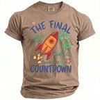 Brown t-shirt with "The Final Countdown" rocket graphic for Mike's Bach, Malibu, CA.