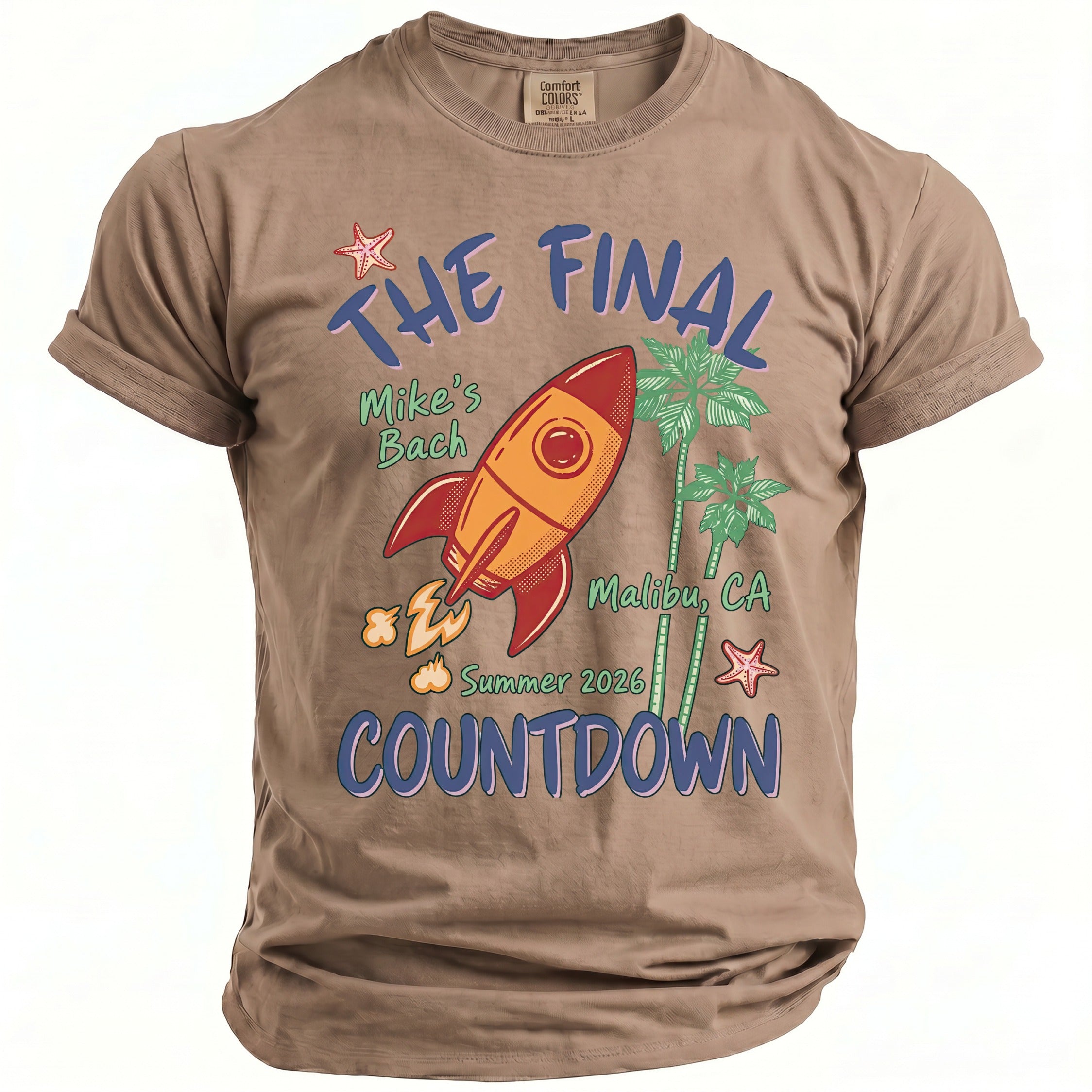 Brown t-shirt with "The Final Countdown" rocket graphic for Mike's Bach, Malibu, CA.