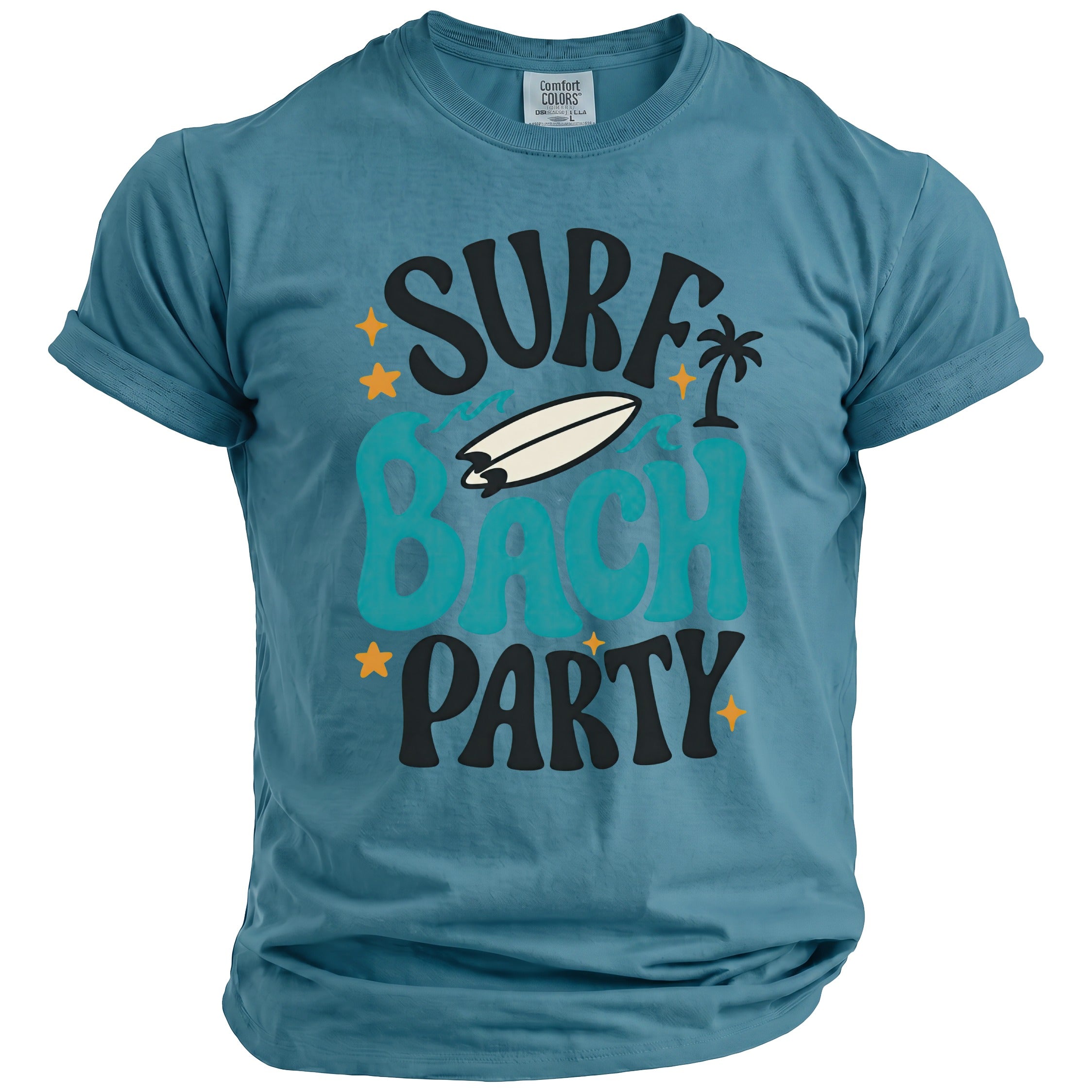 Blue t-shirt with "Surf Bach Party" graphic and surfboard.