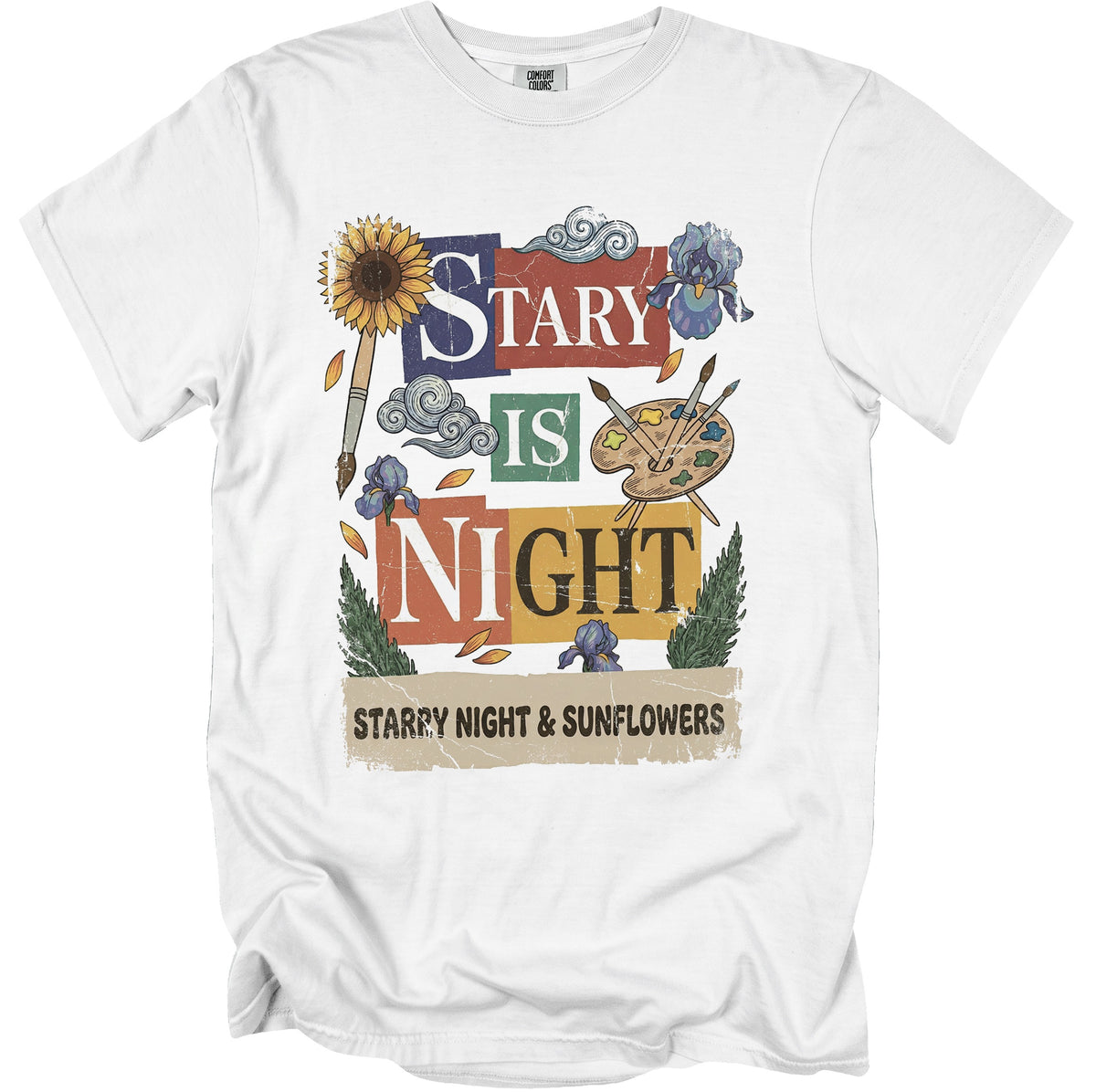 White t-shirt with "STARY IS NIGHT" and "STARRY NIGHT & SUNFLOWERS" text and art.