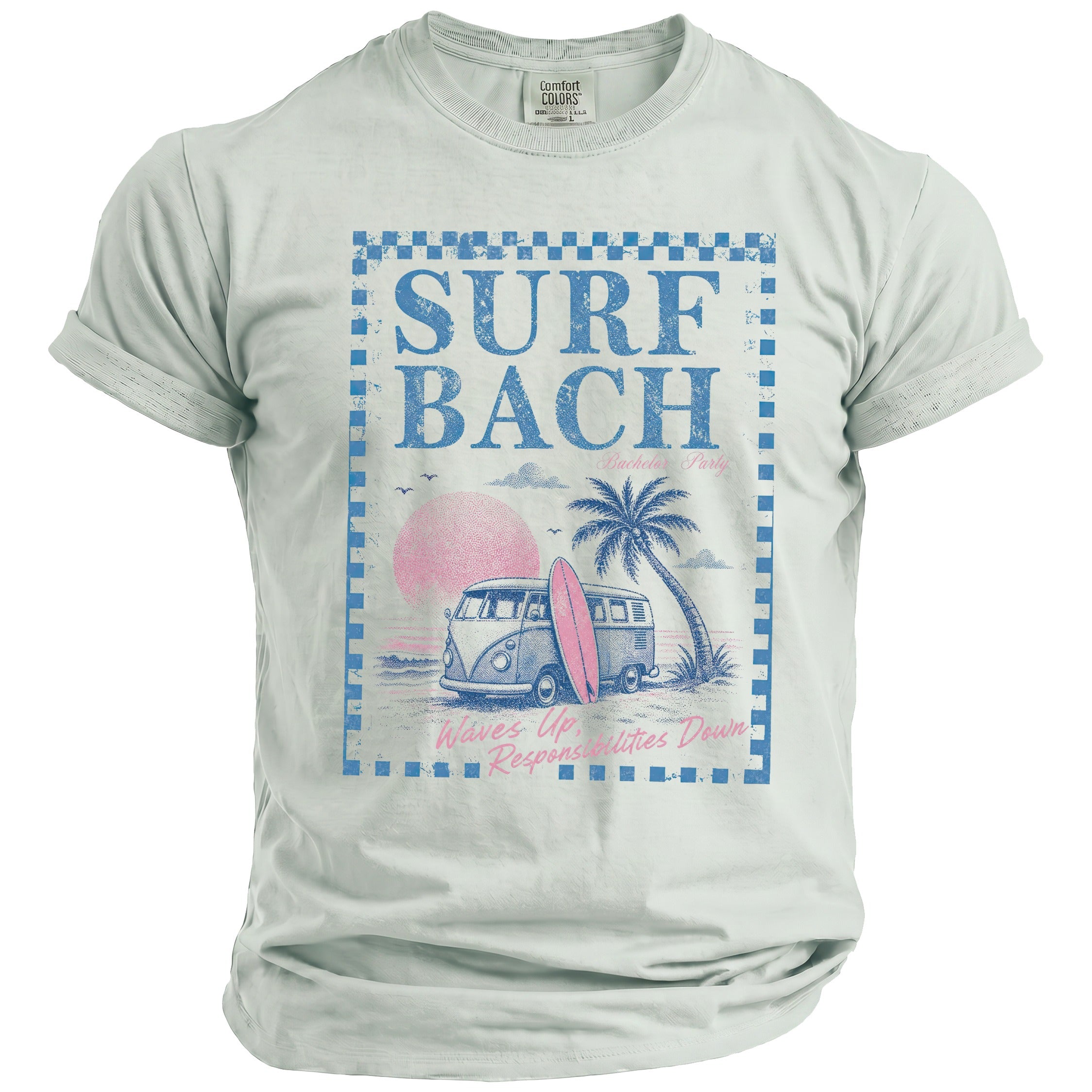 Light grey t-shirt with blue text "SURF BACH" and beach scene graphic.