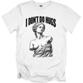 White t-shirt with "I DON'T DO HUGS" text above a stone statue of Venus.