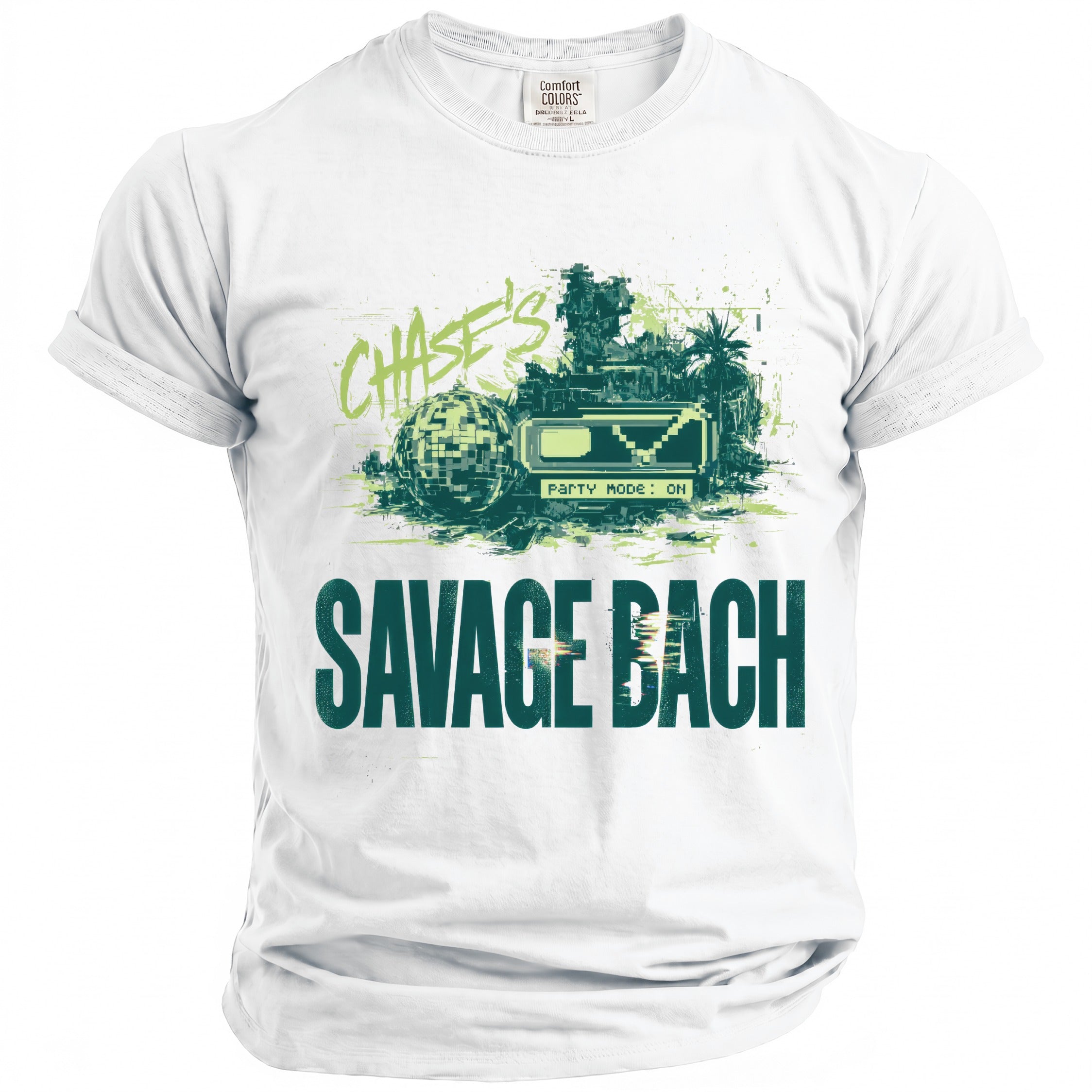 White t-shirt with "CHASE'S" and "SAVAGE BACH" text, and a disco ball graphic.