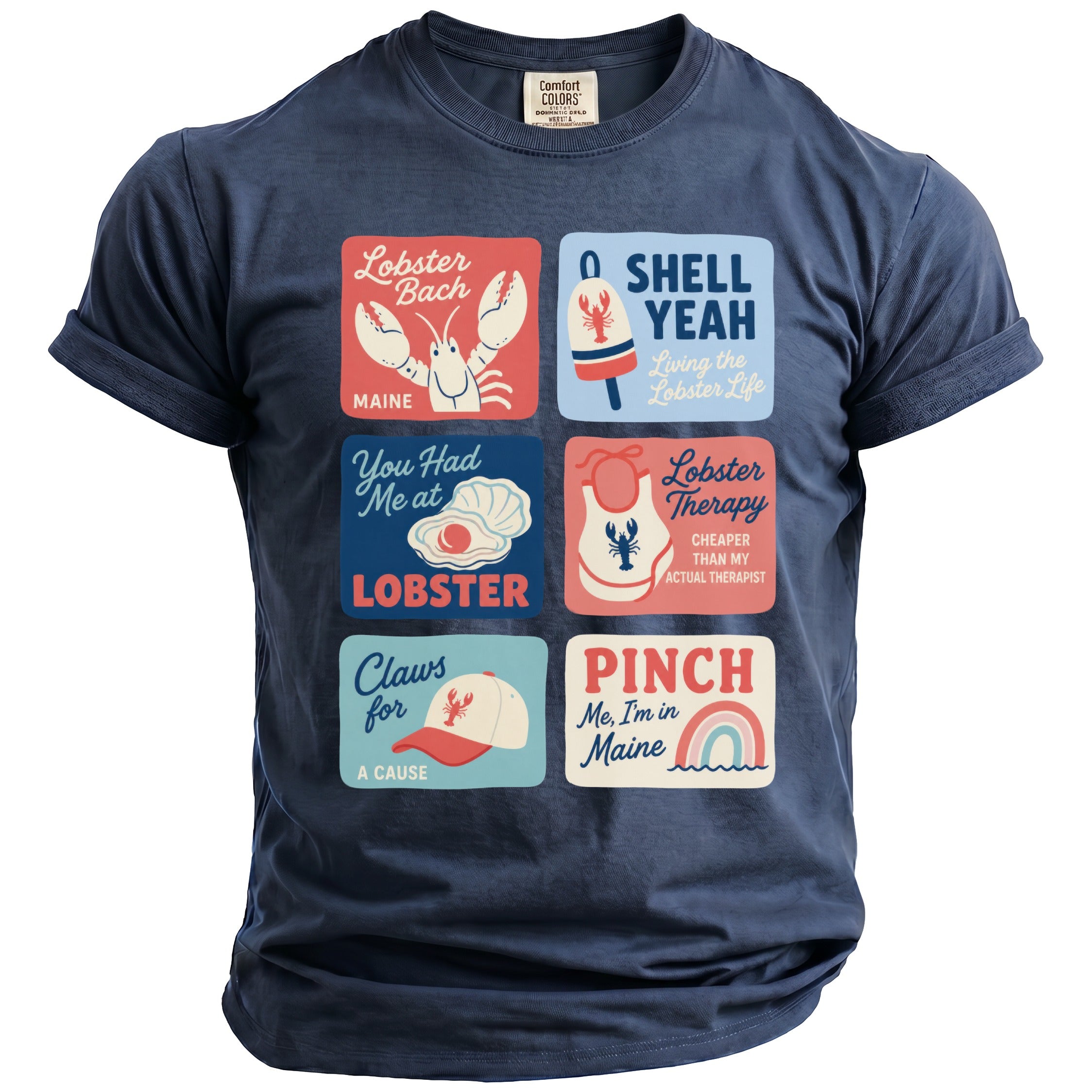 Navy t-shirt with six framed graphics featuring lobster-themed phrases and illustrations.