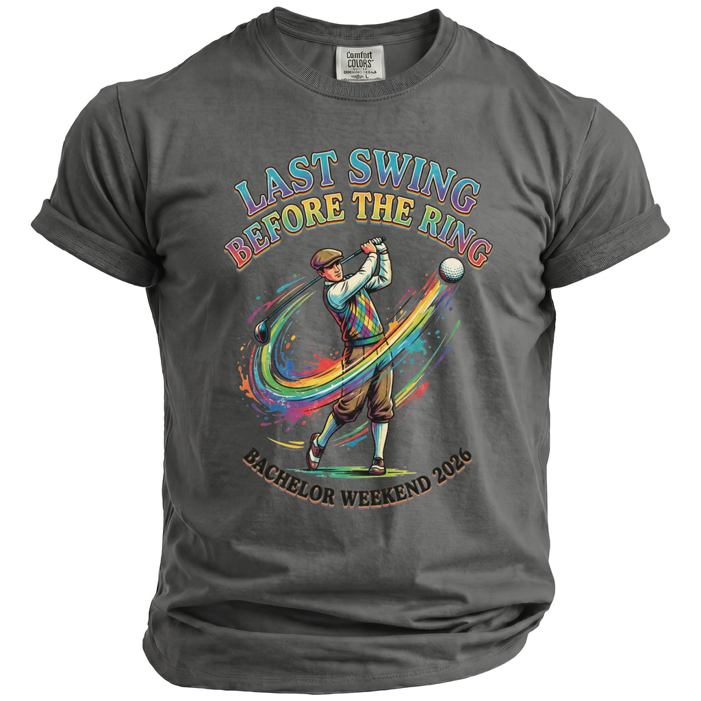 T-shirt with "Last Swing Before the Ring" and golfer graphics, "Bachelor Weekend 2026".