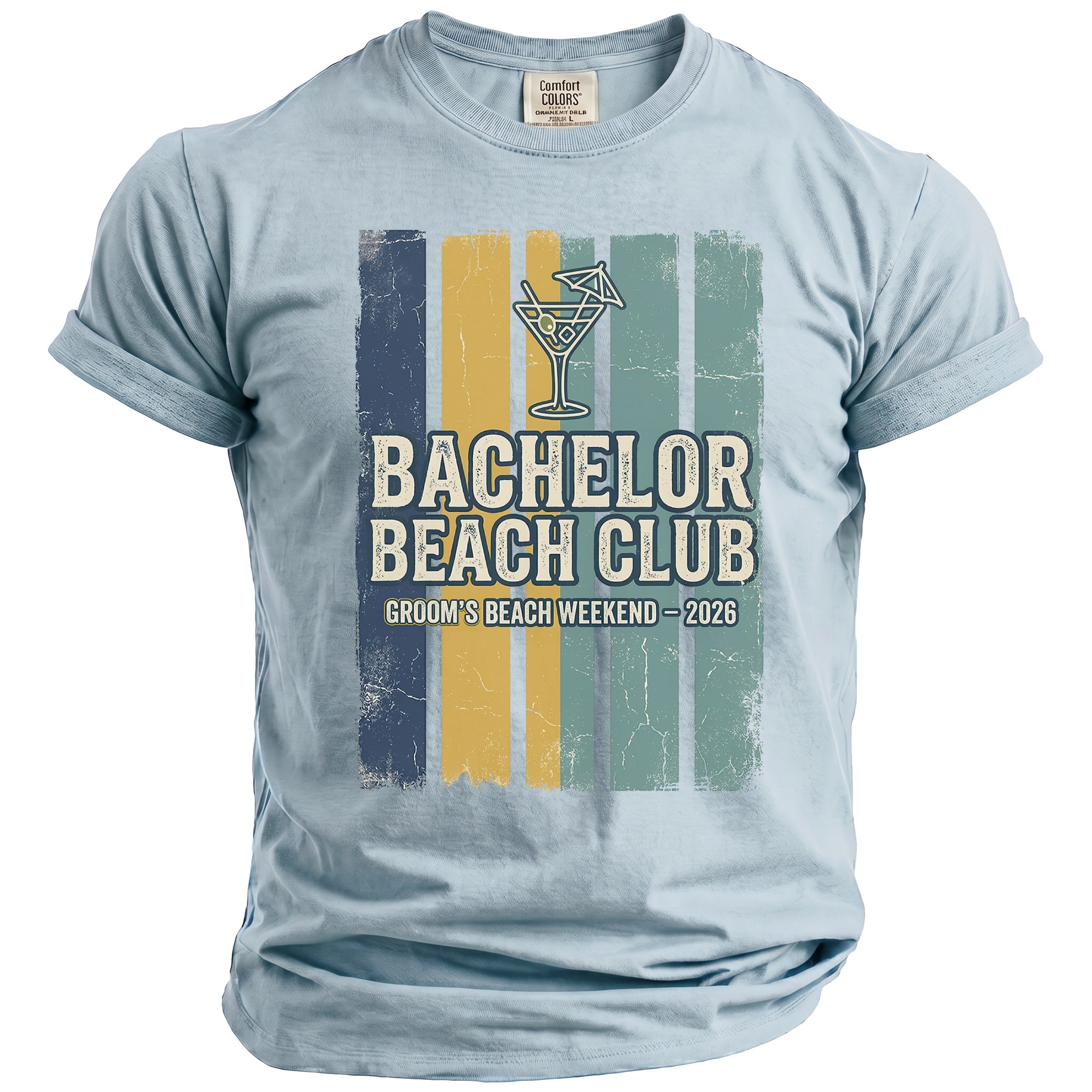 Light blue t-shirt with "Bachelor Beach Club Groom's Beach Weekend - 2026" graphic.