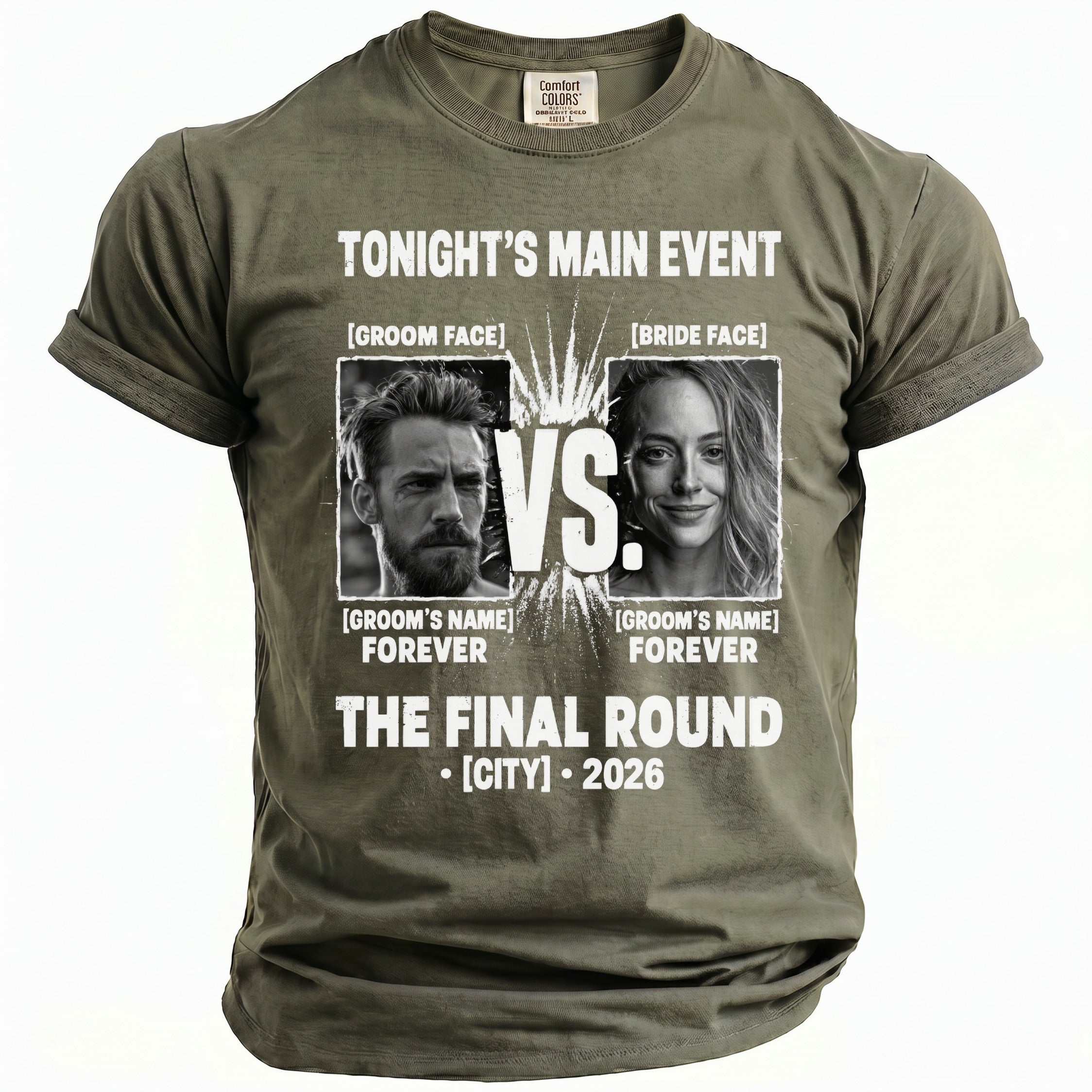 T-shirt announcing "Tonight's Main Event" with groom and bride portraits.
