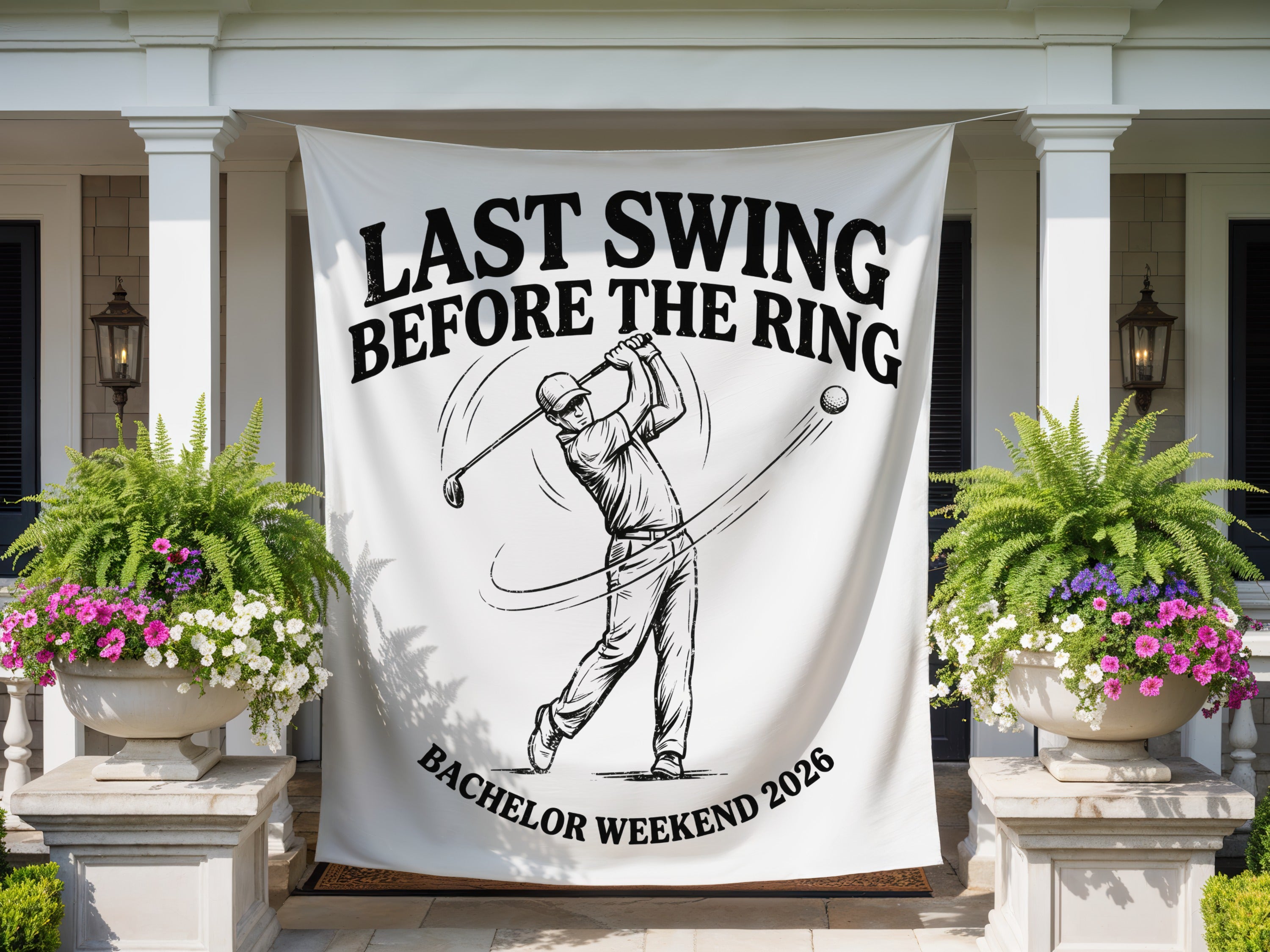 Banner with "Last Swing Before the Ring" and golfer graphic, "Bachelor Weekend 2026".