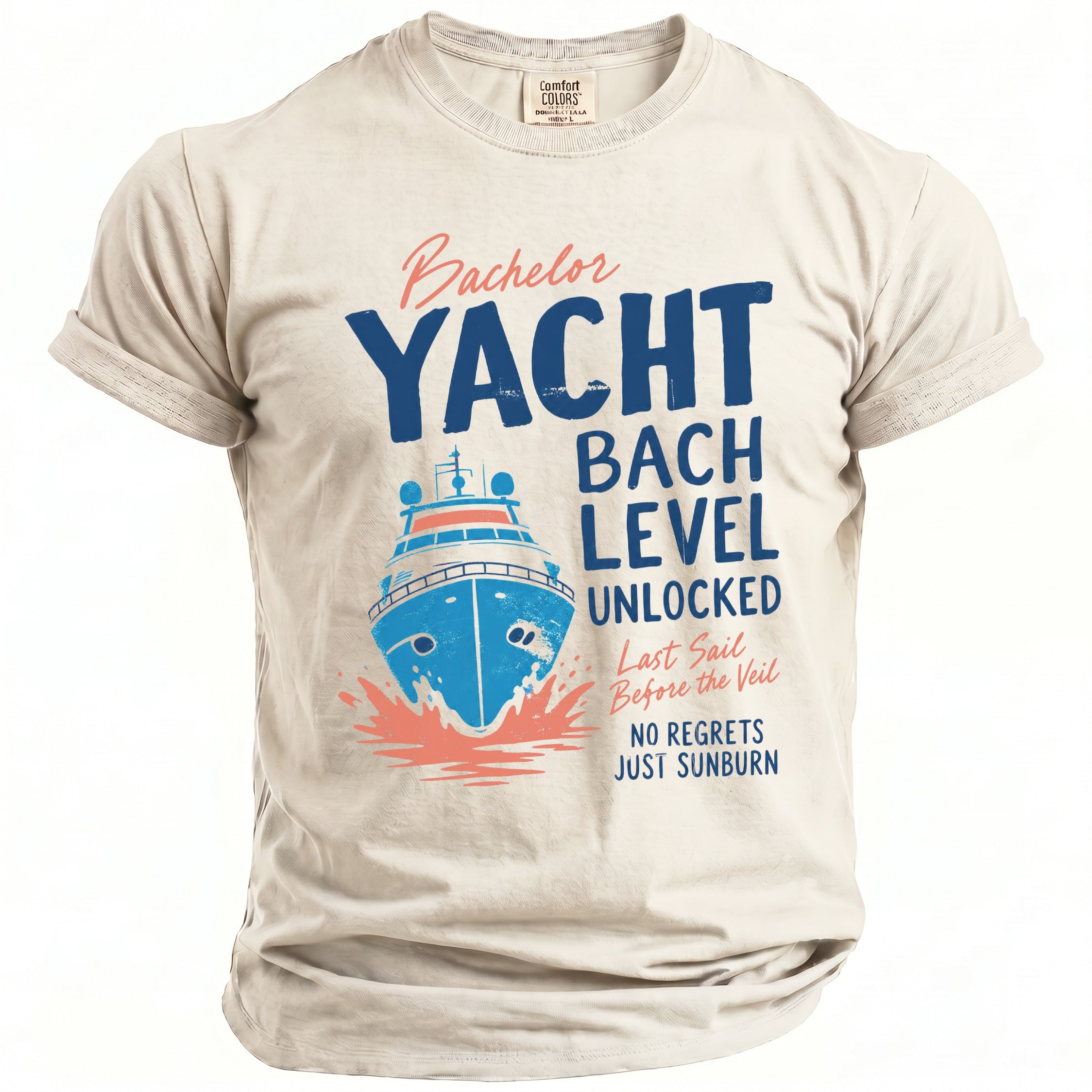 Light beige t-shirt with "Bachelor Yacht Bach Level Unlocked" and boat graphic.