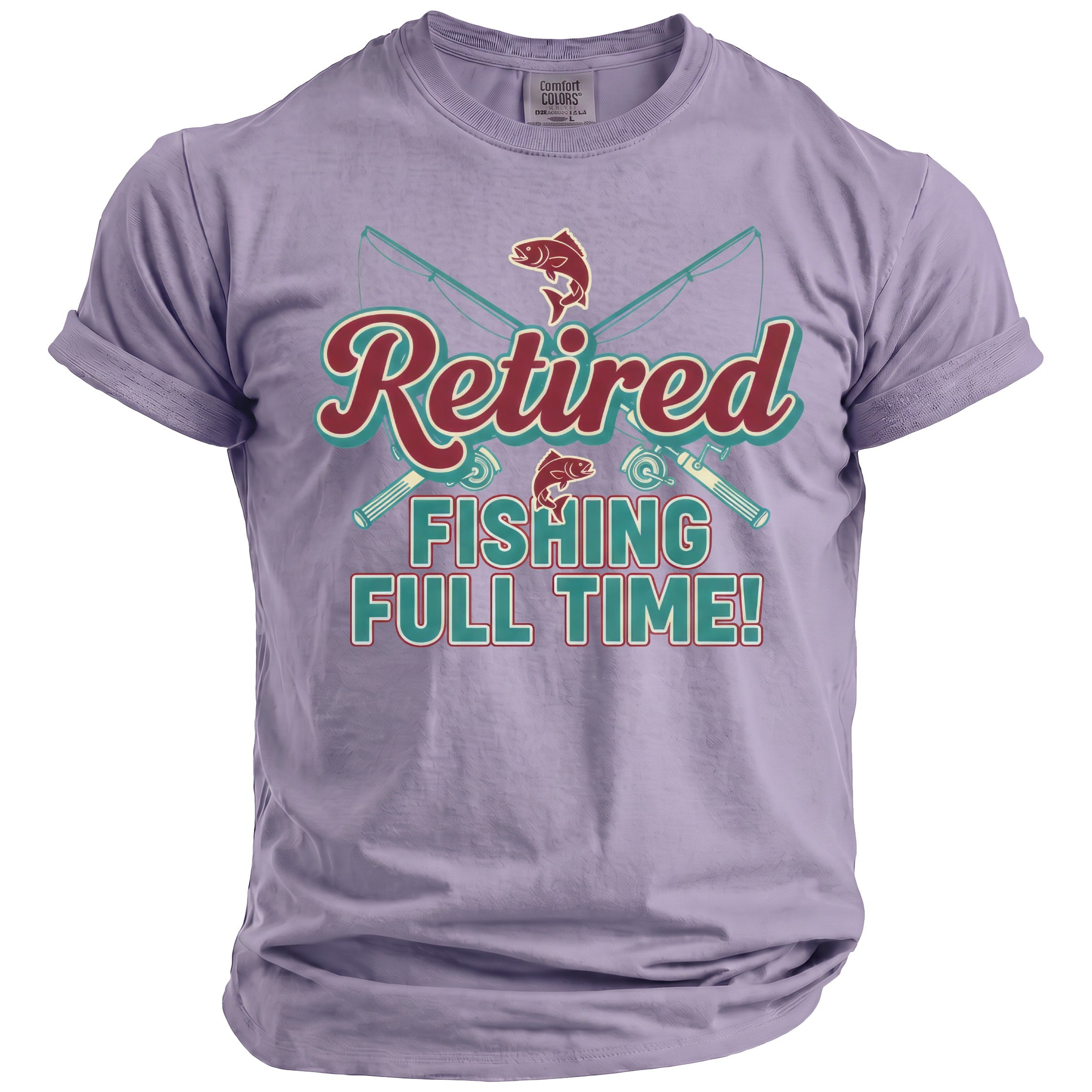 Purple t-shirt with text "Retired Fishing Full Time" and fishing graphics.