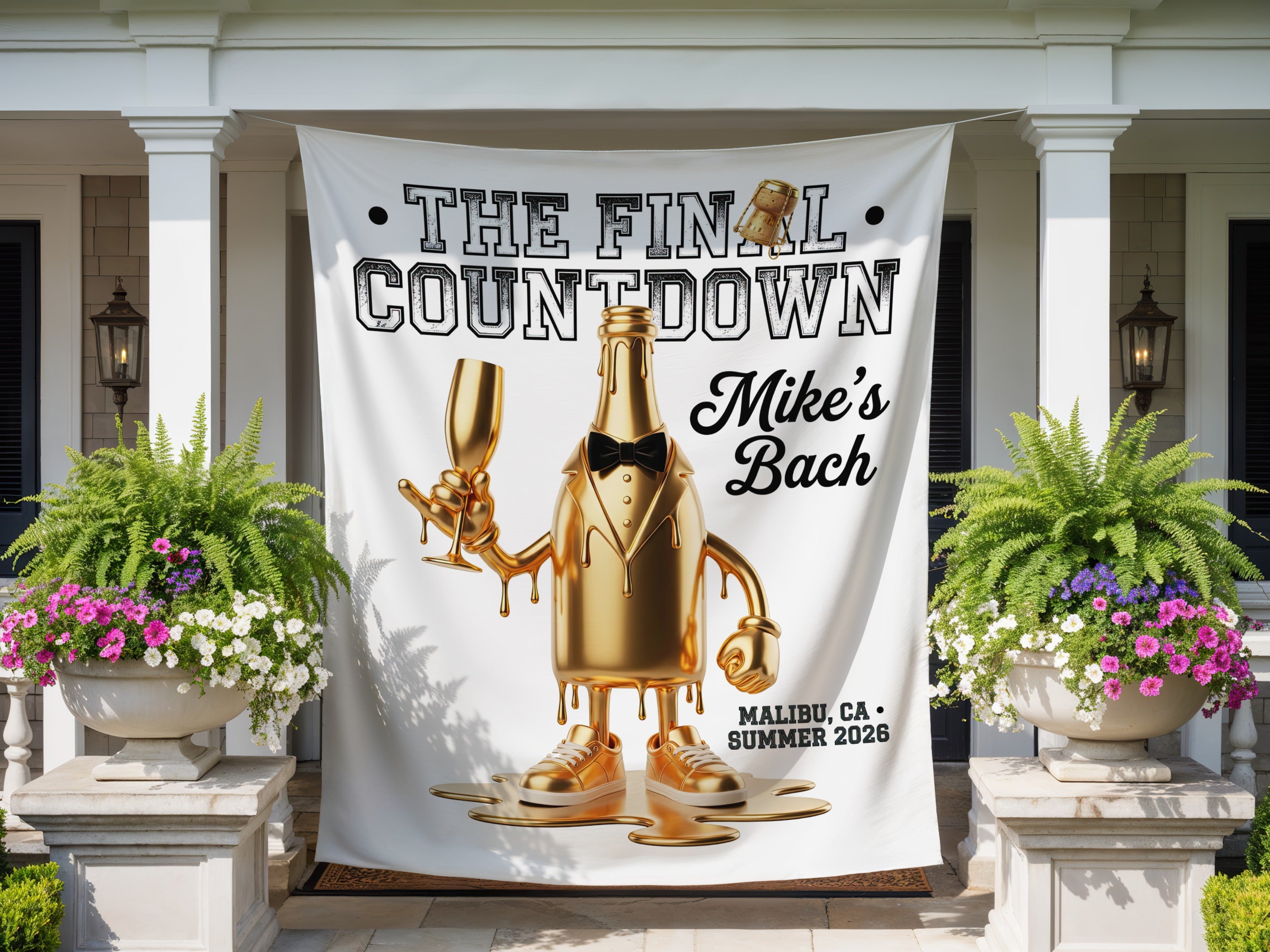 Banner for Mike's Bach party reads "The Final Countdown" and "Malibu, Summer 2026."