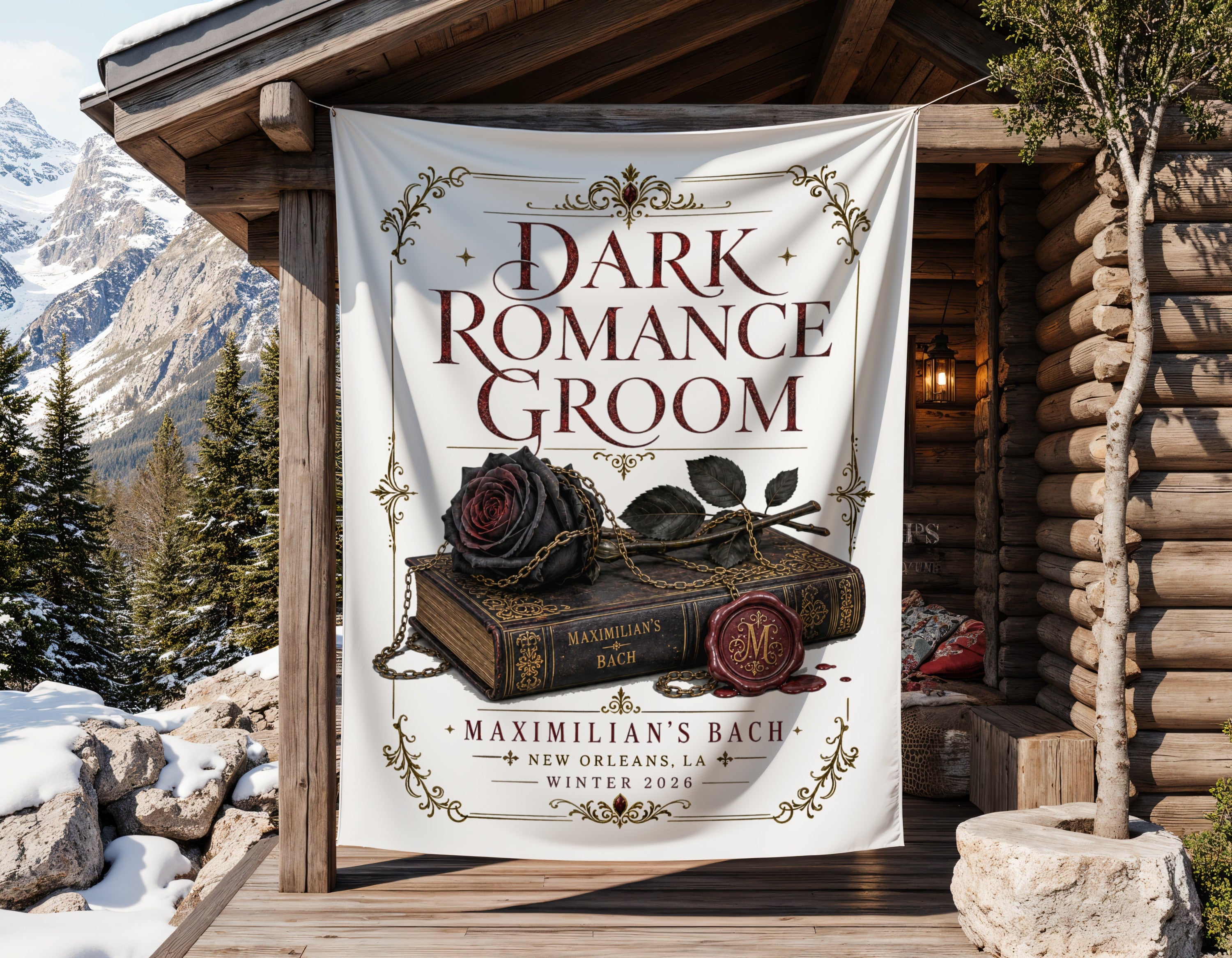 Banner with "Dark Romance Groom" and "Maximilian's Bach" text, featuring a black rose.