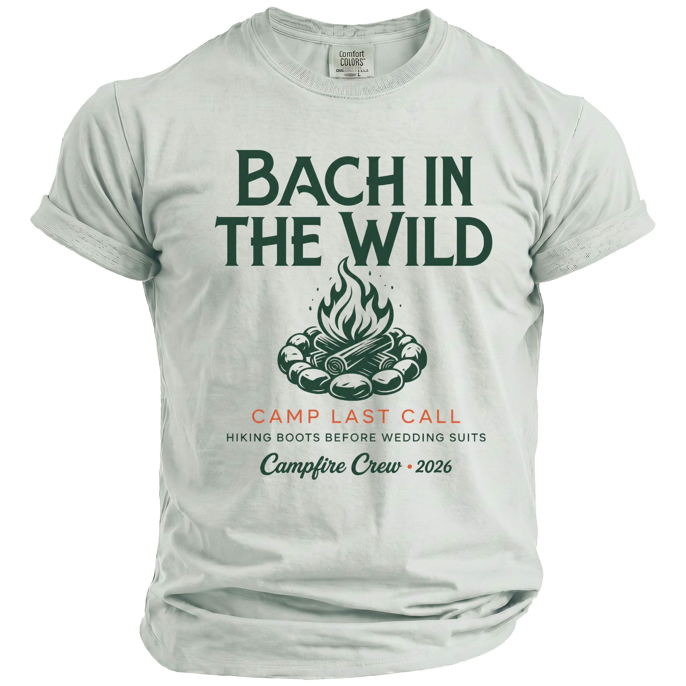 Light gray t-shirt with "Bach in the Wild" text and campfire graphic.
