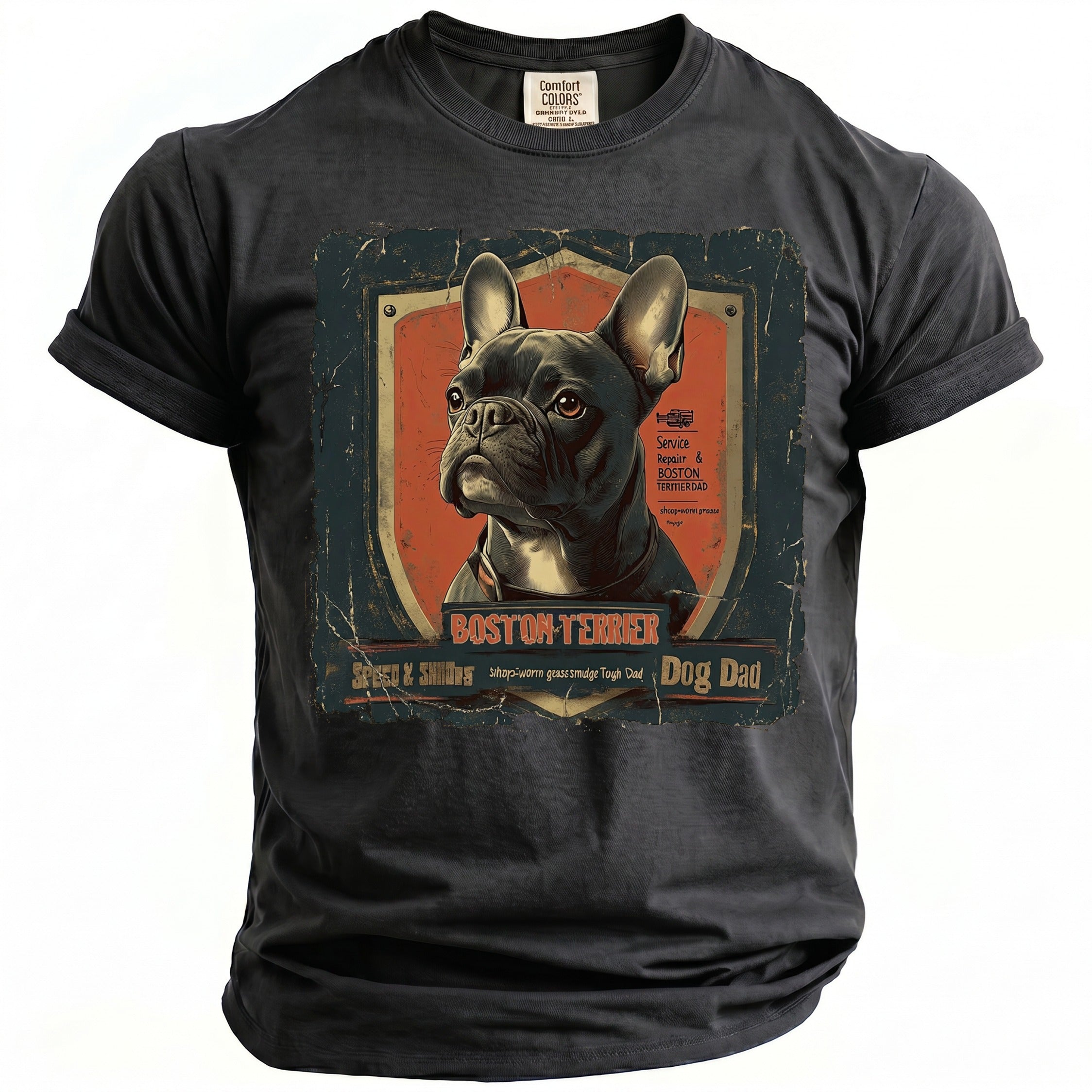 Dark t-shirt with a vintage distressed graphic of a Boston Terrier and text.