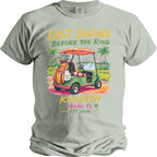 T-shirt graphic: "Last Swing Before The Ring" with golf cart, palms, city, and "Kenneth Miami, FL Est. 2026".