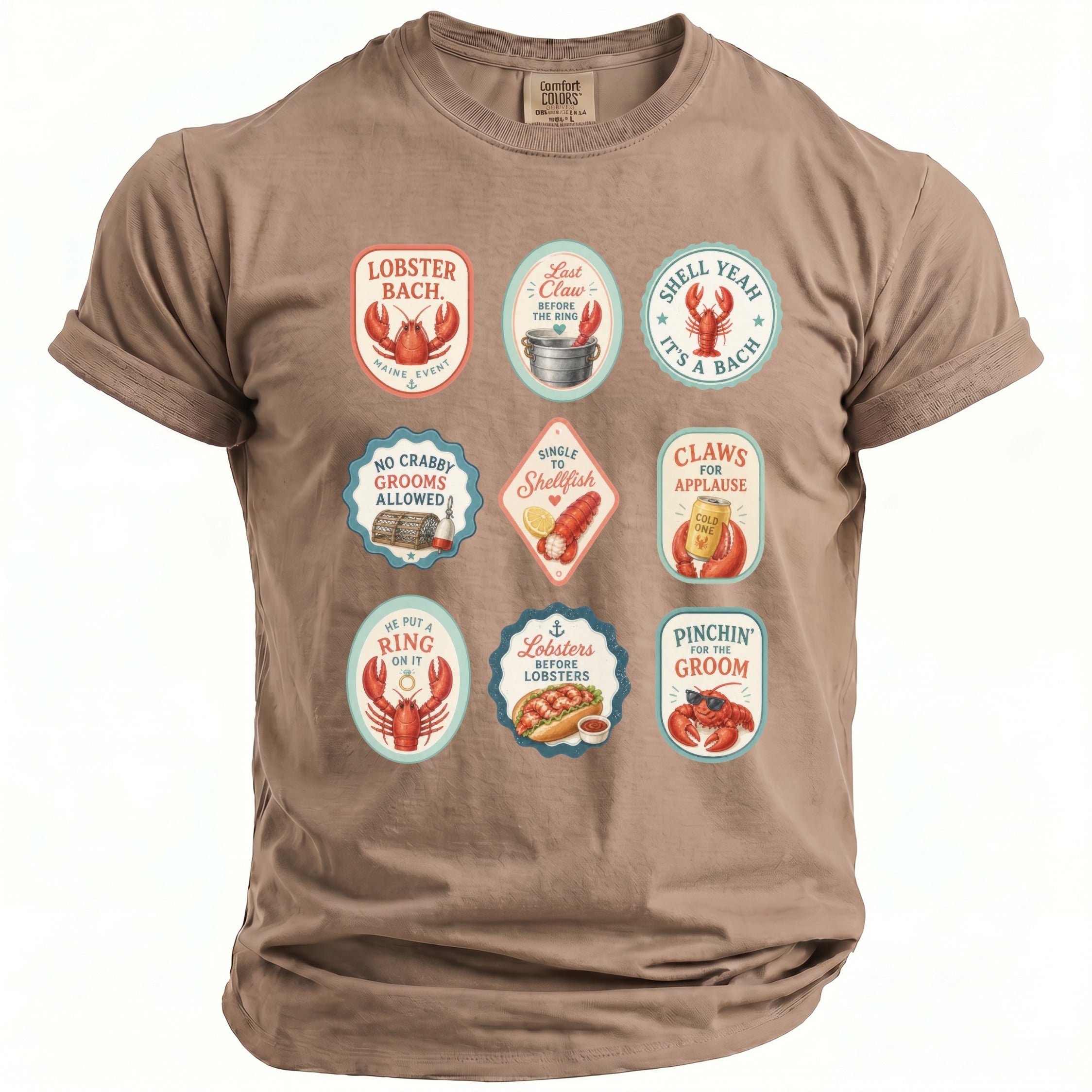 Brown t-shirt with nine oval graphics featuring lobsters and humorous phrases.