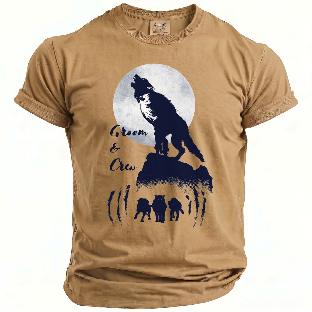 Tan t-shirt with wolf howling at moon graphic and "Groom & Crew" text.