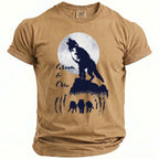 Tan t-shirt with wolf howling at moon graphic and "Groom & Crew" text.