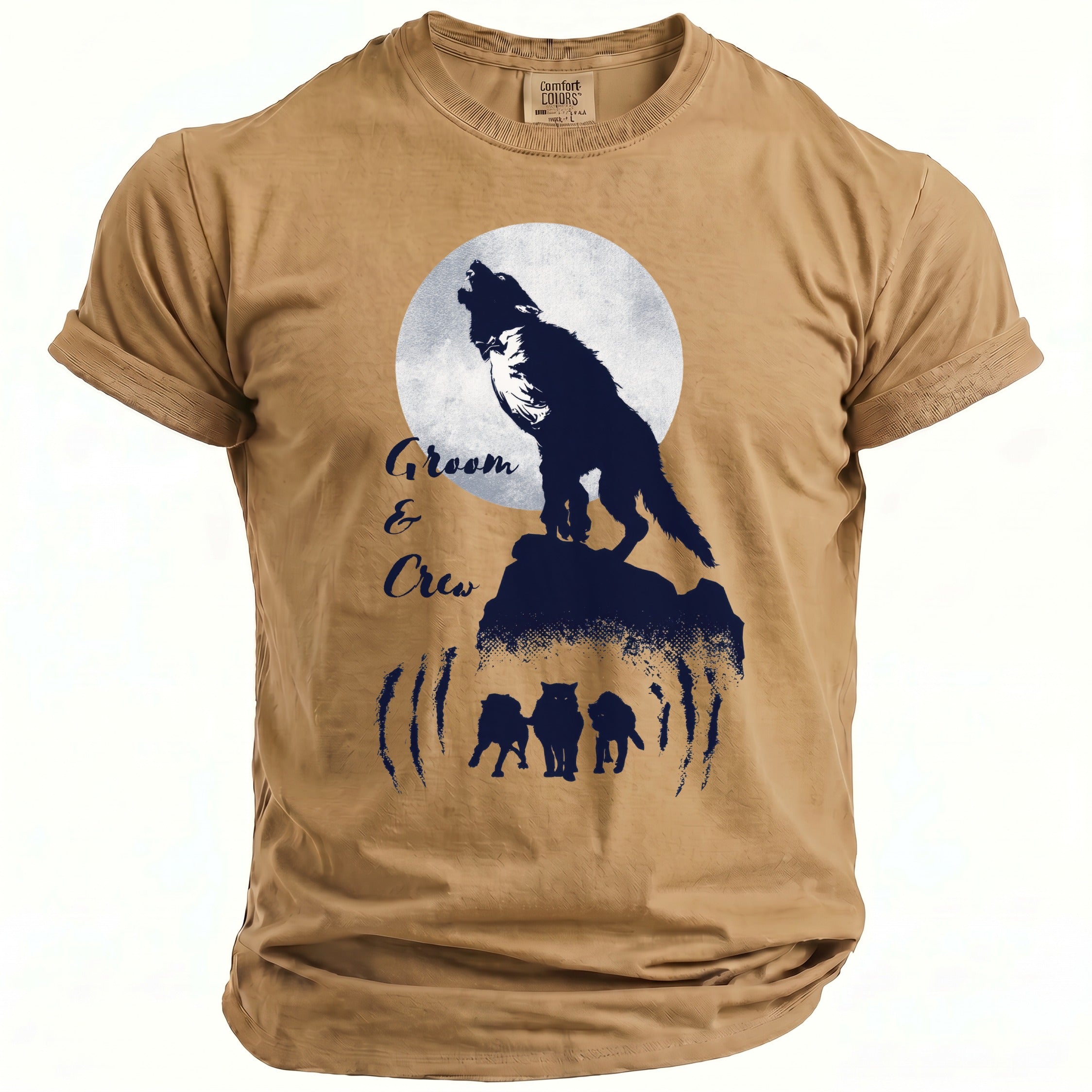 Tan t-shirt with wolf howling at moon graphic and "Groom & Crew" text.
