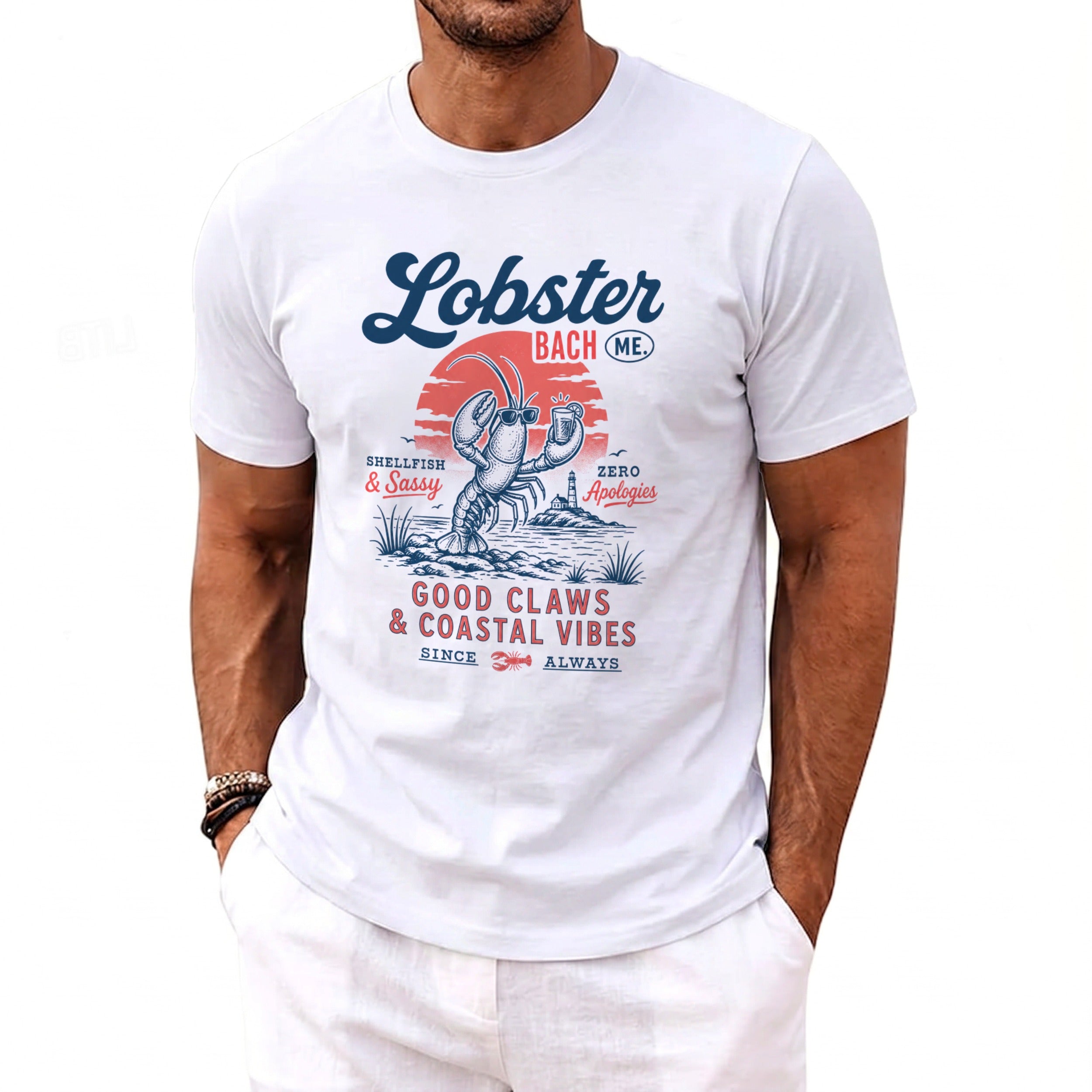 Lobster Bach ME. graphic t-shirt with a lobster holding a drink and lighthouse.