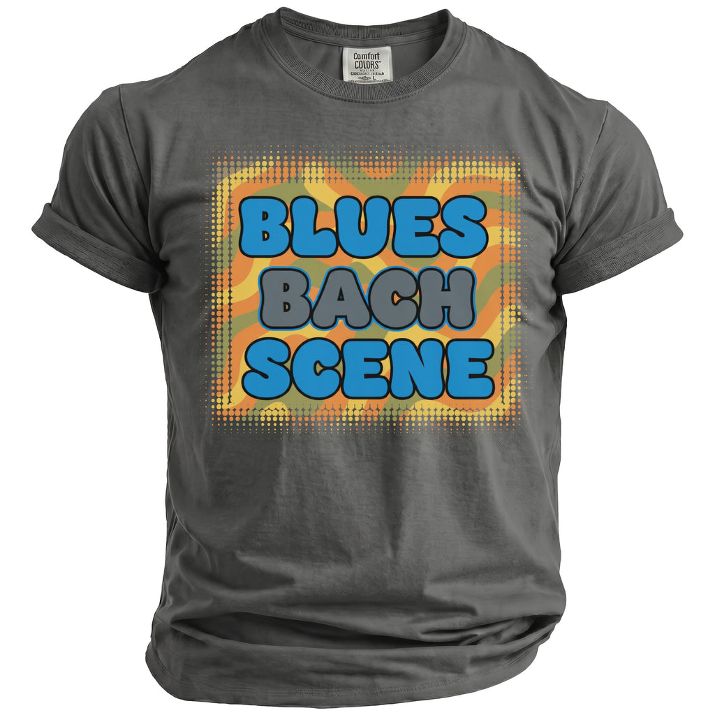 Gray t-shirt with blue and gray "BLUES BACH SCENE" text in a graphic design.
