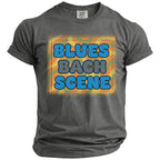 Gray t-shirt with blue and gray "BLUES BACH SCENE" text in a graphic design.