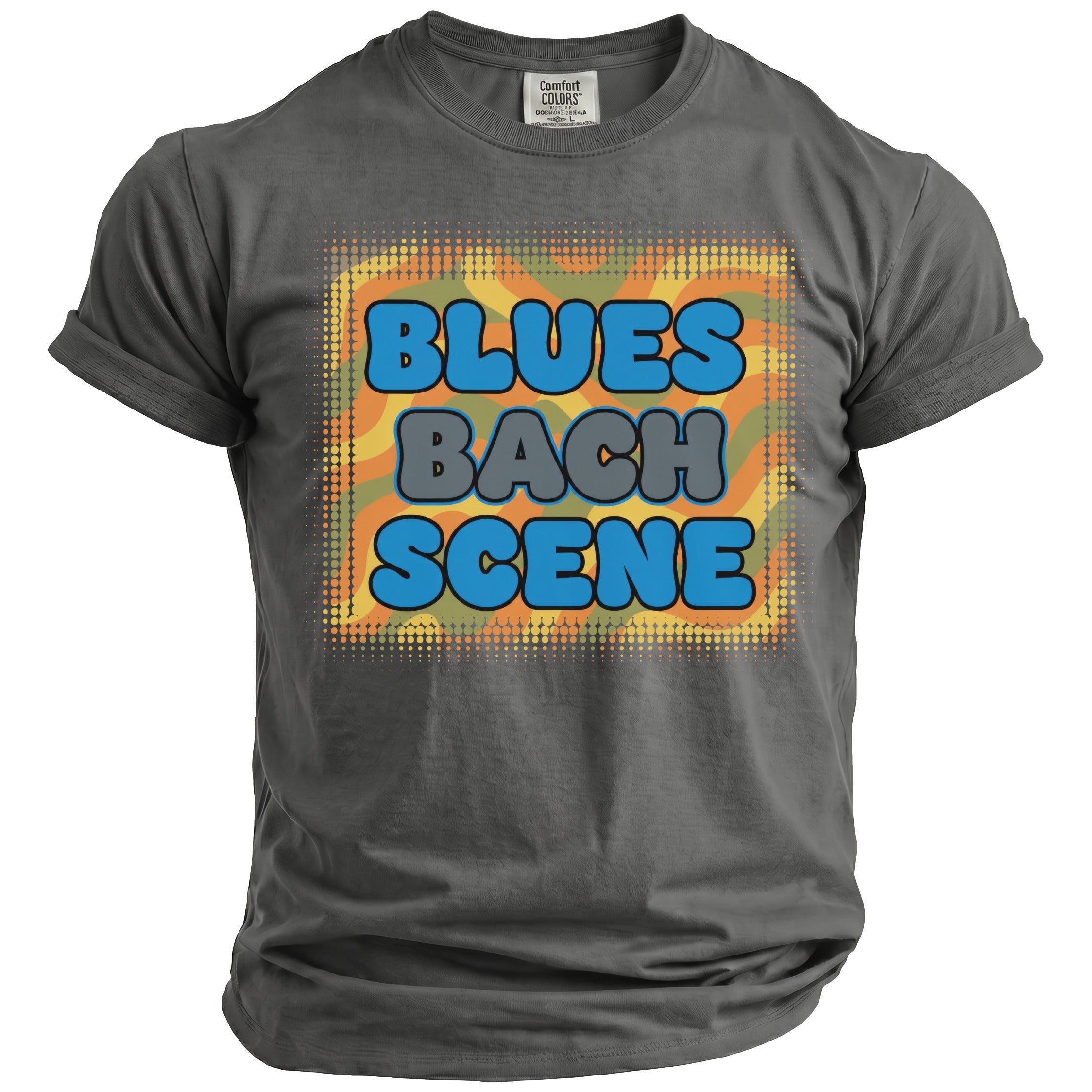 Gray t-shirt with blue and gray "BLUES BACH SCENE" text in a graphic design.