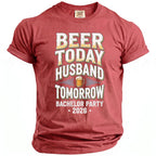 Red t-shirt with text "Beer Today Husband Tomorrow Bachelor Party 2026"