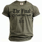 Olive green t-shirt with black text "The Final Countdown" and rocket logo.