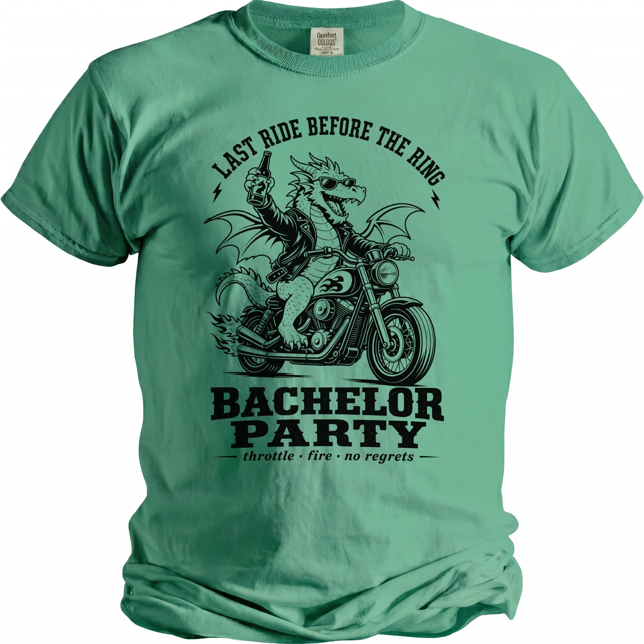 T-shirt graphic with dragon riding motorcycle, text "Last Ride Before the Ring" and "Bachelor Party".