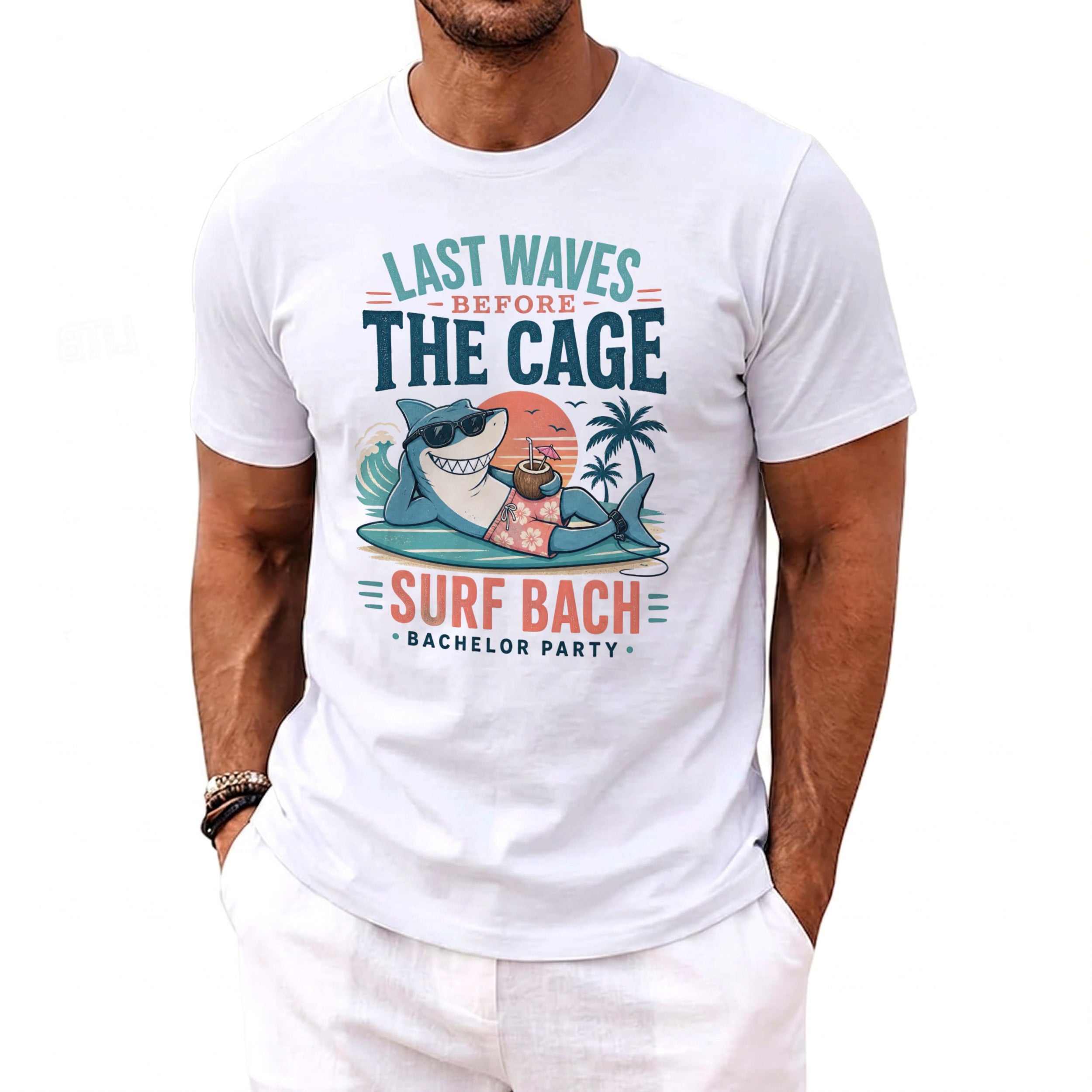 White t-shirt with graphic: "Last Waves Before The Cage, Surf Bach, Bachelor Party."