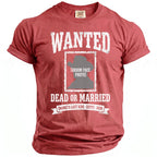 Red t-shirt with "WANTED DEAD OR MARRIED" text and placeholder for groom's photo.