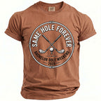 Brown t-shirt with graphic for "Same Hole Forever Bachelor Golf Weekend 2026".