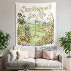 Golf-themed tapestry with "Handicapped for Life" and "Groom-to-Be" text, featuring a golf course scene.