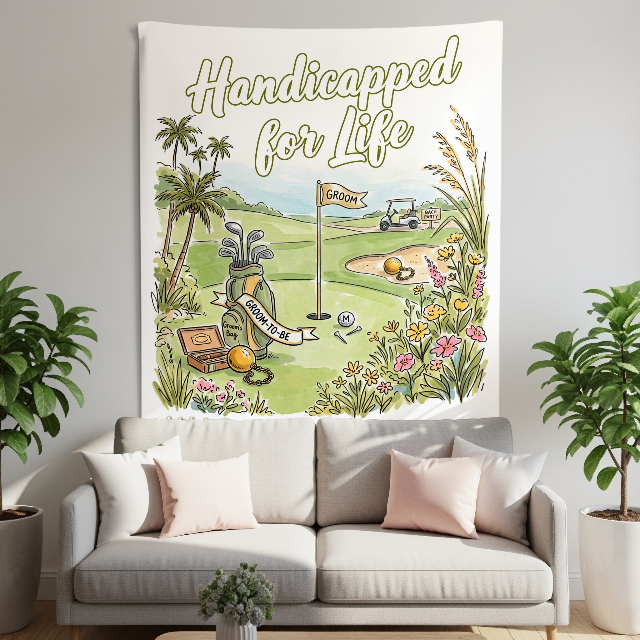 Golf-themed tapestry with "Handicapped for Life" and "Groom-to-Be" text, featuring a golf course scene.